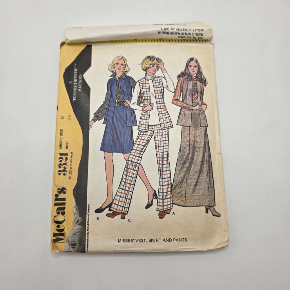 McCall's 3321 Sewing Pattern 1972 Vest Skirt Pants 70s Mod Boho Size 16 Bust 38